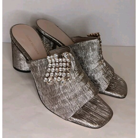 Stuart Weitzman Shoes - Stuart Weitzman Theone Women's 8.5 M Metallic Pewter Shoes Slip On Dress Heels
